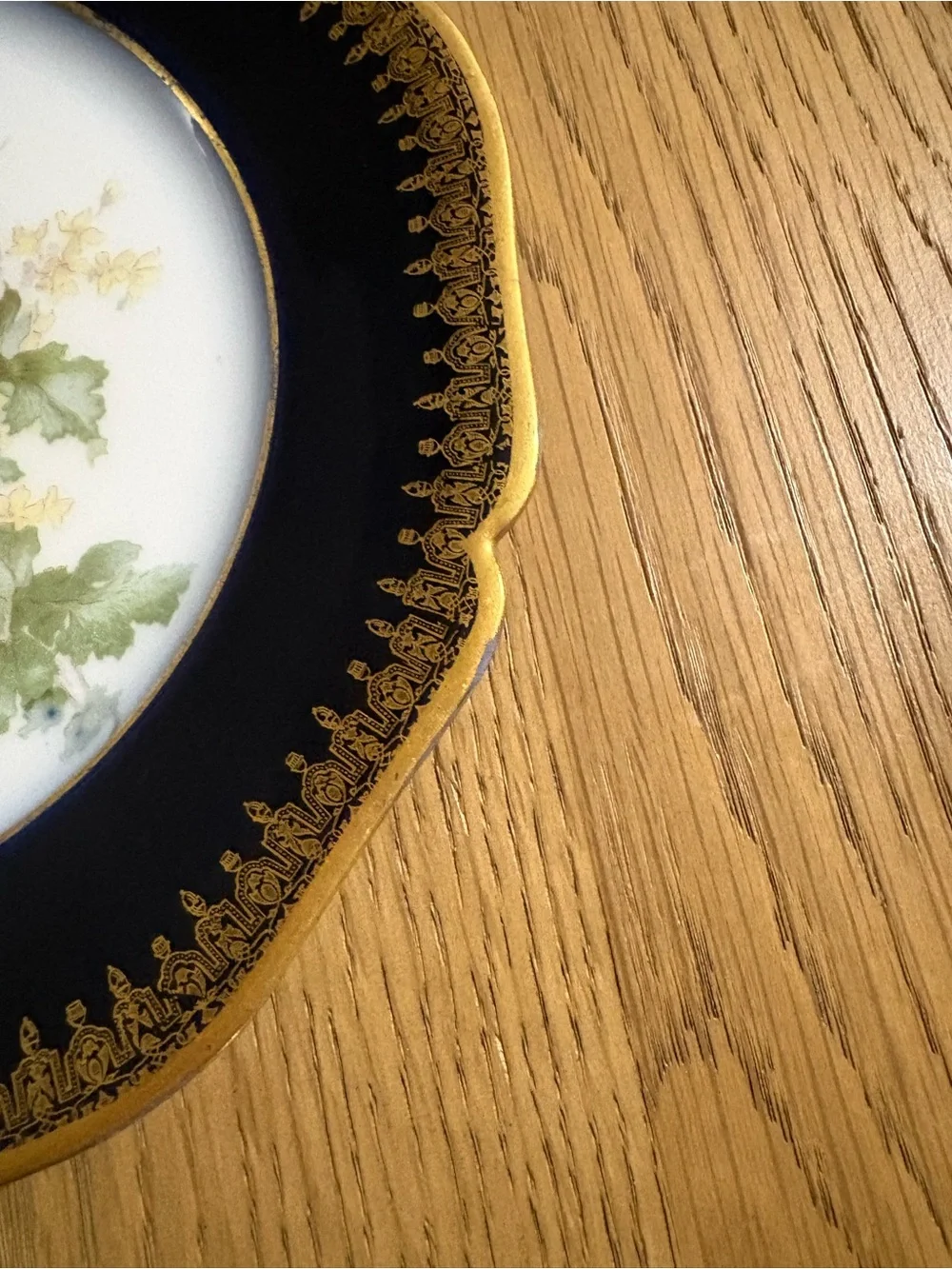 Limoges Cobalt and Gold Trim Dessert Plate with Pink Floral Motif